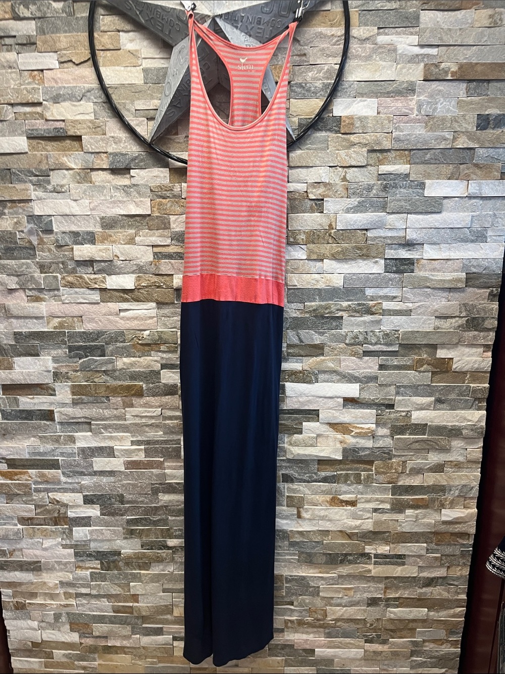 stem Coral Striped Racerback Maxi Dress with Navy Skirt